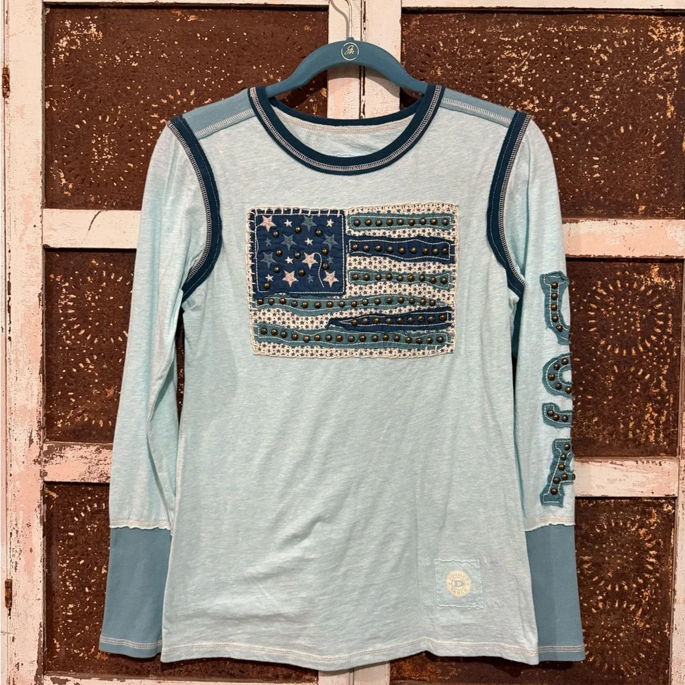 Double D Ranch Light Blue Long Sleeve Flag Tee - Picture 1 of 6
